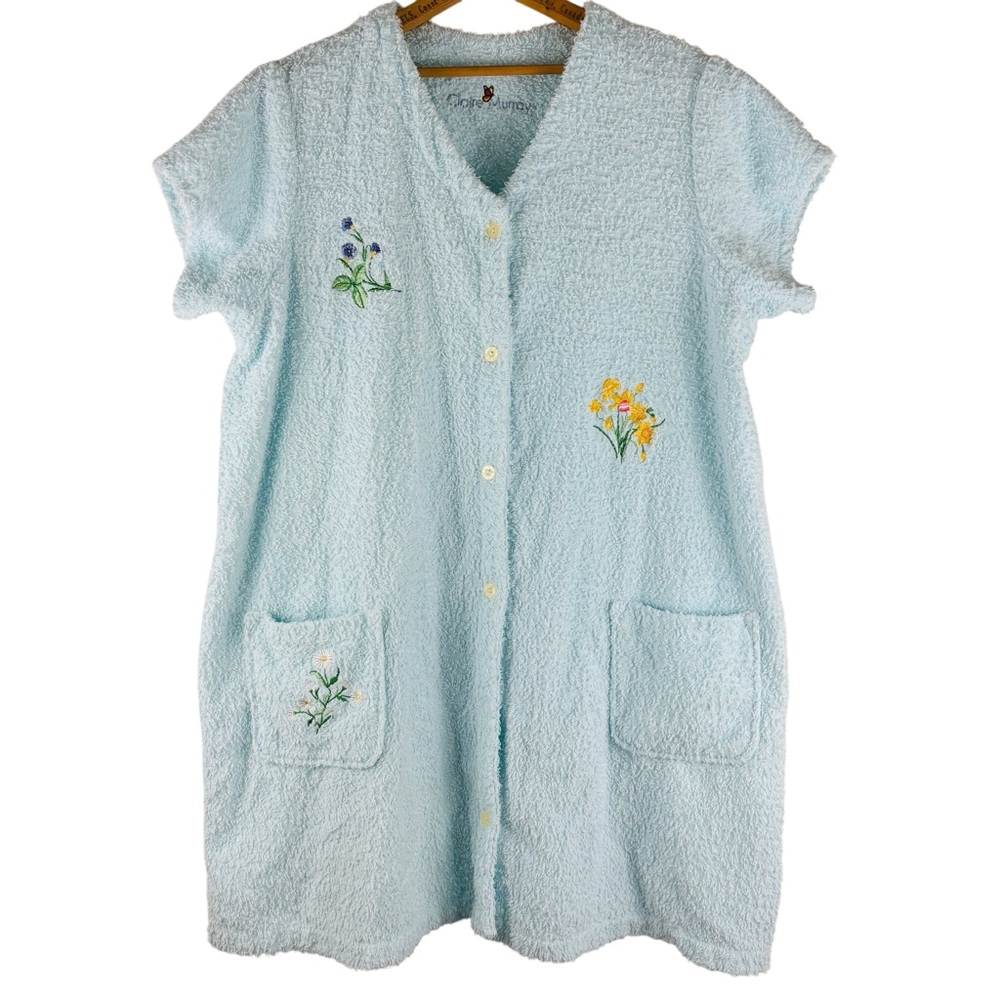 Claire Murray Blue Terry Cloth Embroidered Short Sleeve Button Front Robe 2X